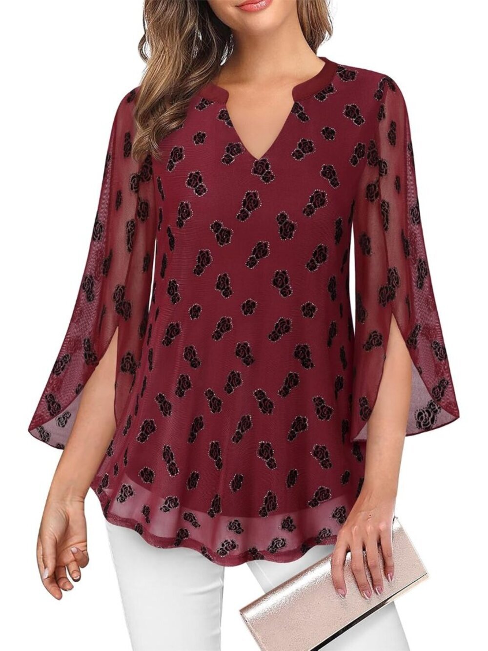 VALOLIA Women's Tops Red 3/4 Sleeve Floral V Neck Double Layers Mesh Blouses